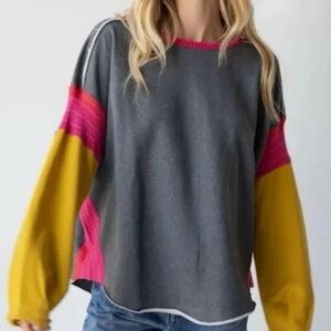 Natural Life Colorblock Raw Hem Pieced Boxy Boho Hippie Sweatshirt Size S/M